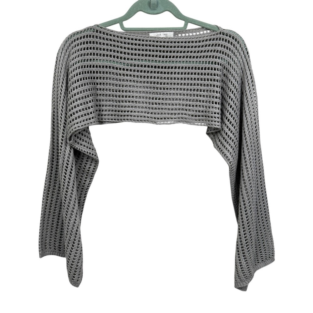 Love Tree Womens Gray Open Knit Cropped Shrug Cardigan Top Long Sleeve Sz M*